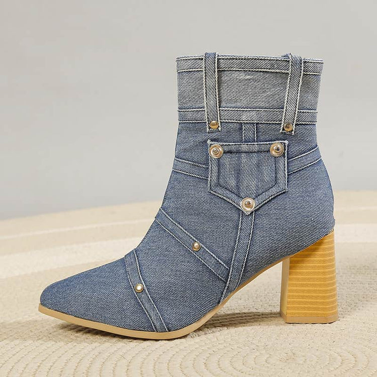 Denim Pointed Toe Chunky Heel Martin Boots Women BadAssWear.fi