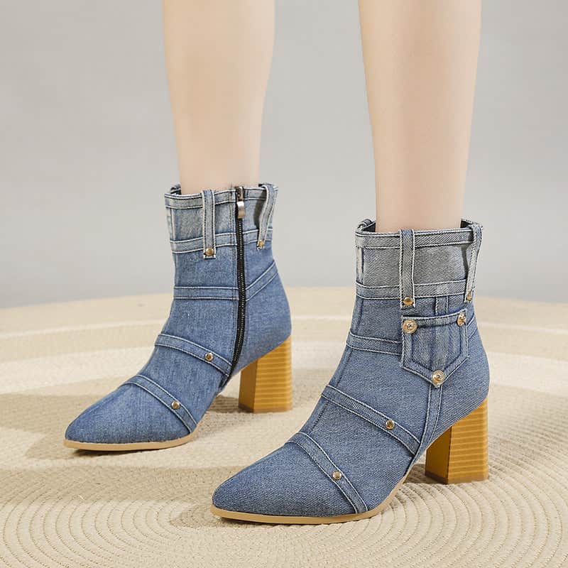 Denim Pointed Toe Chunky Heel Martin Boots Women BadAssWear.fi