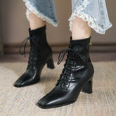 Square Toe High Heel Boots PU Leather Women Ankle Boots null