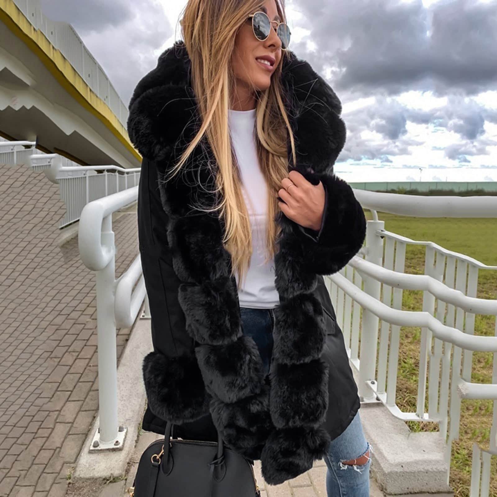 Women's Hooded Long-sleeve Warm Zippered Cotton Coat Solid Color Jacket With Removable Fur Collar BadAssWear.fi