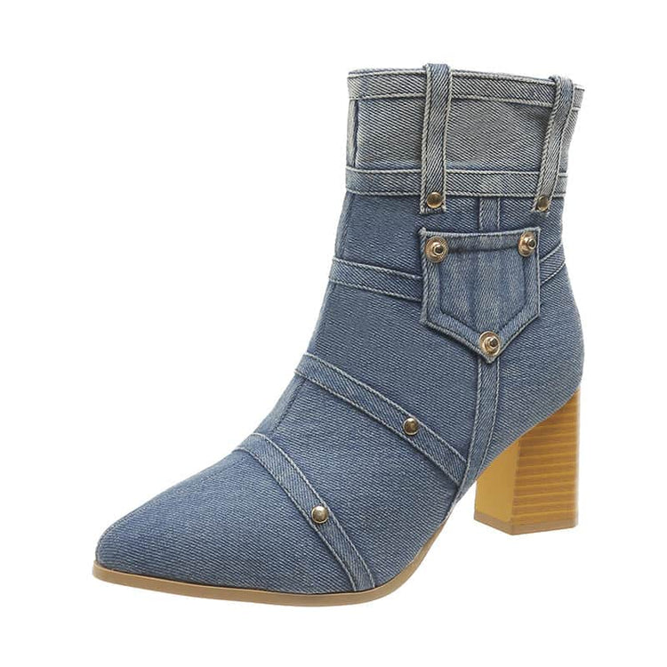 Denim Pointed Toe Chunky Heel Martin Boots Women BadAssWear.fi