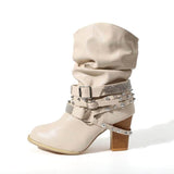 Rhinestone Belt Buckle Women Round Toe Sleeve Women Leather Boots BadAssWear.fi