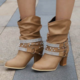 Rhinestone Belt Buckle Women Round Toe Sleeve Women Leather Boots BadAssWear.fi