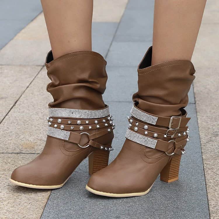 Rhinestone Belt Buckle Women Round Toe Sleeve Women Leather Boots BadAssWear.fi
