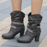 Rhinestone Belt Buckle Women Round Toe Sleeve Women Leather Boots BadAssWear.fi
