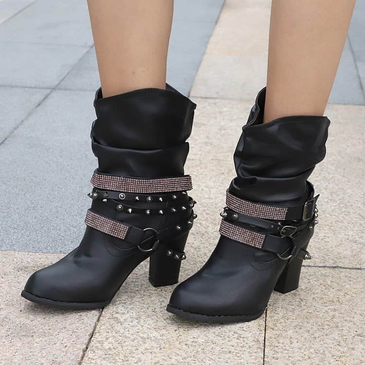Rhinestone Belt Buckle Women Round Toe Sleeve Women Leather Boots BadAssWear.fi