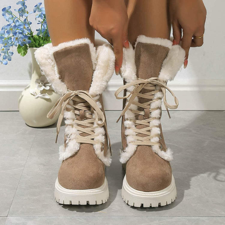Winter Lace-up Snow Boots For Women Mid-tube Fleece Shoes Warm Chunky Heels Plush Boot null