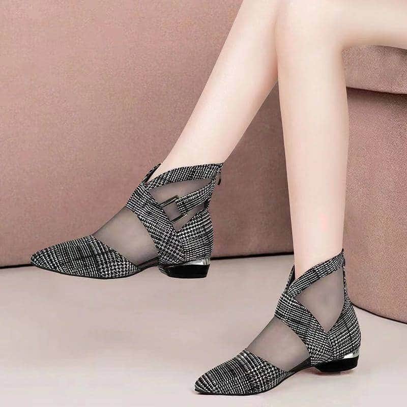 Soft Leather Flat Heel Net Boots Women&