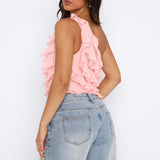 One-shoulder Ruffled Solid Color Short T-shirt Artsadd