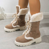 Winter Lace-up Snow Boots For Women Mid-tube Fleece Shoes Warm Chunky Heels Plush Boot null