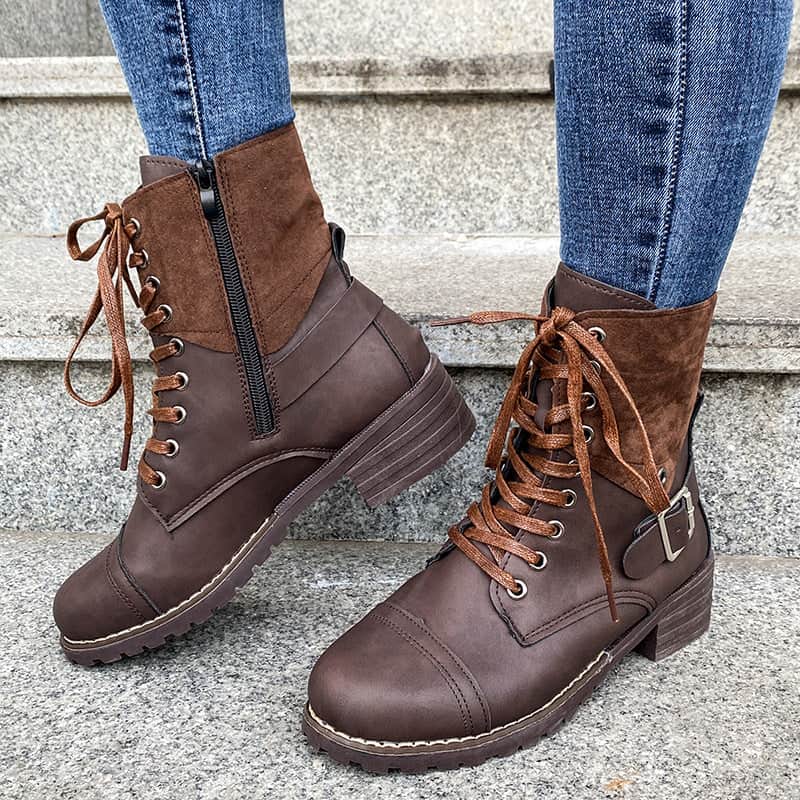 Lace-up Boots Winter Buckle Cowboy Boots Women Low Heel Shoes BadAssWear.fi