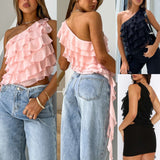 One-shoulder Ruffled Solid Color Short T-shirt Artsadd