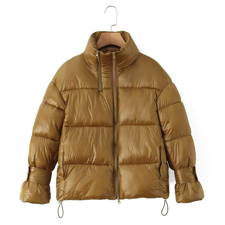 Golden Stand-up Collar Double Zipper Puffer Coat For Women BadAssWear.fi