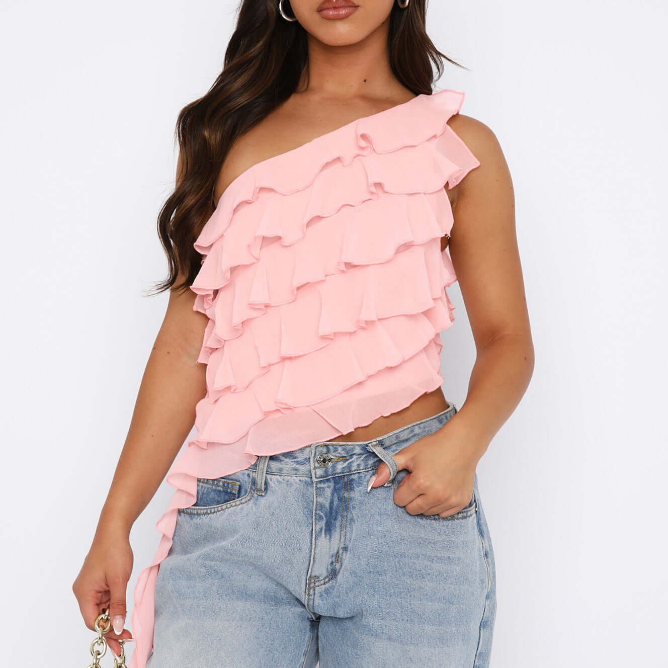 One-shoulder Ruffled Solid Color Short T-shirt Artsadd