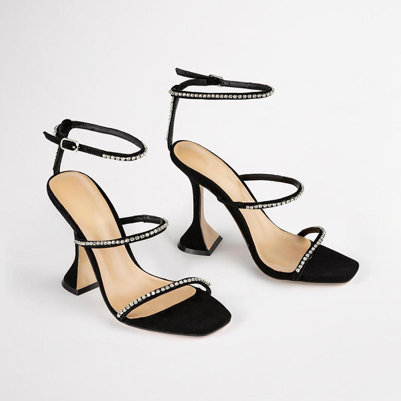 High Heels Square Toe Wine Glass Heel With Large Size  Rhinestone Sandals BadAssWear.fi