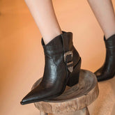 Thick Heel High-heeled Ankle Boots With Pointed Metal Belt Buckle BadAssWear.fi
