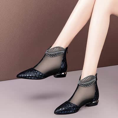Soft Leather Flat Heel Net Boots Women&