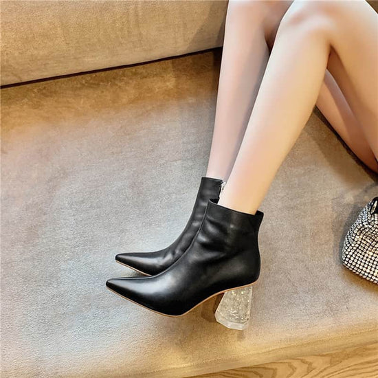 Pointed Toe Short Boots Women Crystal Thick Heel High Heel Retro Boots Single Boots BadAssWear.fi