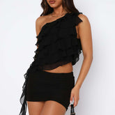 One-shoulder Ruffled Solid Color Short T-shirt Artsadd