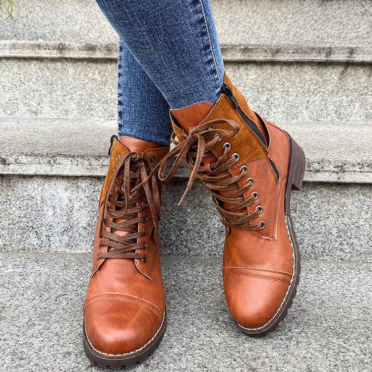 Lace-up Boots Winter Buckle Cowboy Boots Women Low Heel Shoes BadAssWear.fi