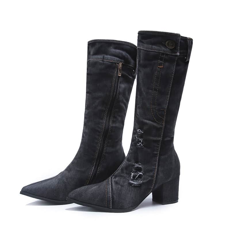 Pointed Toe Thick Heel Denim High Boots For Women BadAssWear.fi