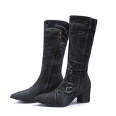 Pointed Toe Thick Heel Denim High Boots For Women BadAssWear.fi
