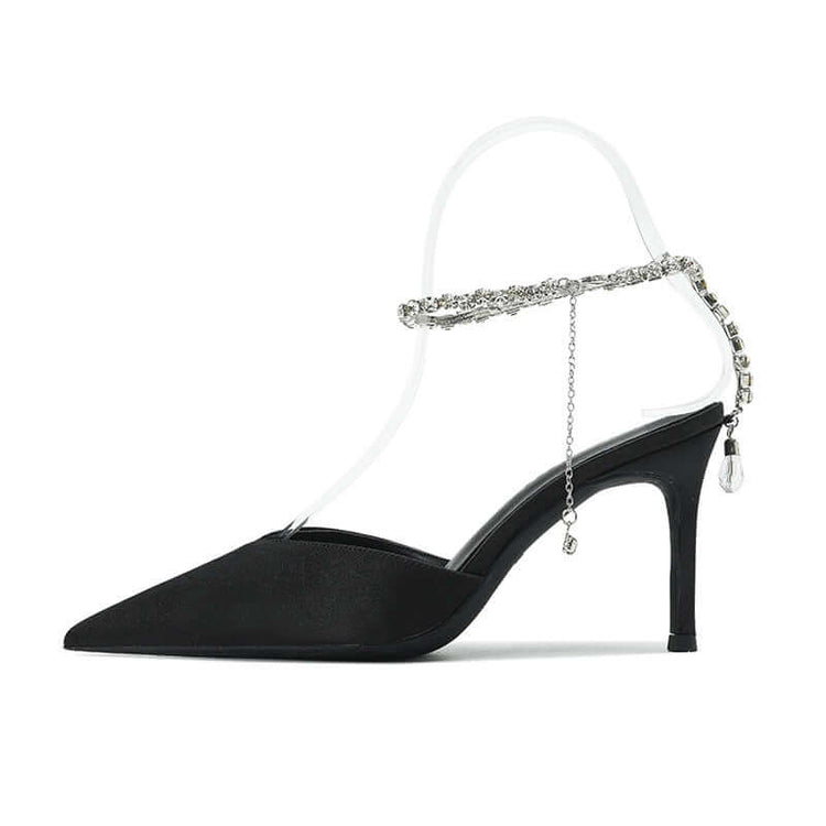 Minimalist Pointed-Toe Heels with Crystal Ankle Strap