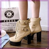 Short Boots Round Toe Leather Boots High Heel Women&