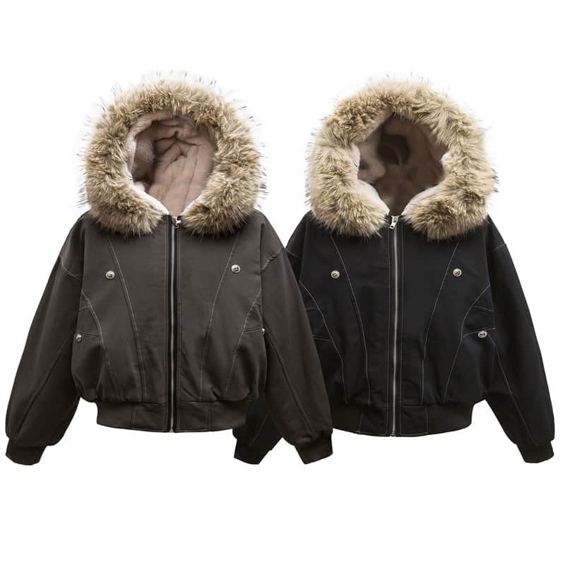 High Street Line Splicing Fur Collar Hood Cotton Coat Jacket BadAssWear.fi