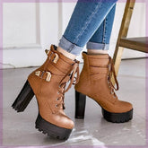 Short Boots Round Toe Leather Boots High Heel Women&
