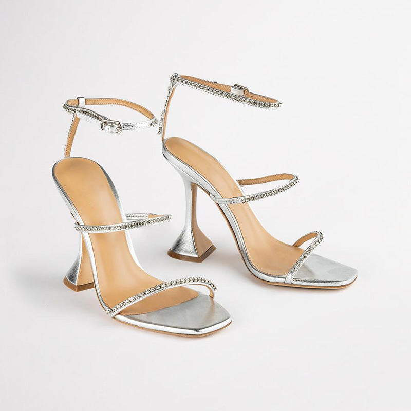 High Heels Square Toe Wine Glass Heel With Large Size  Rhinestone Sandals BadAssWear.fi