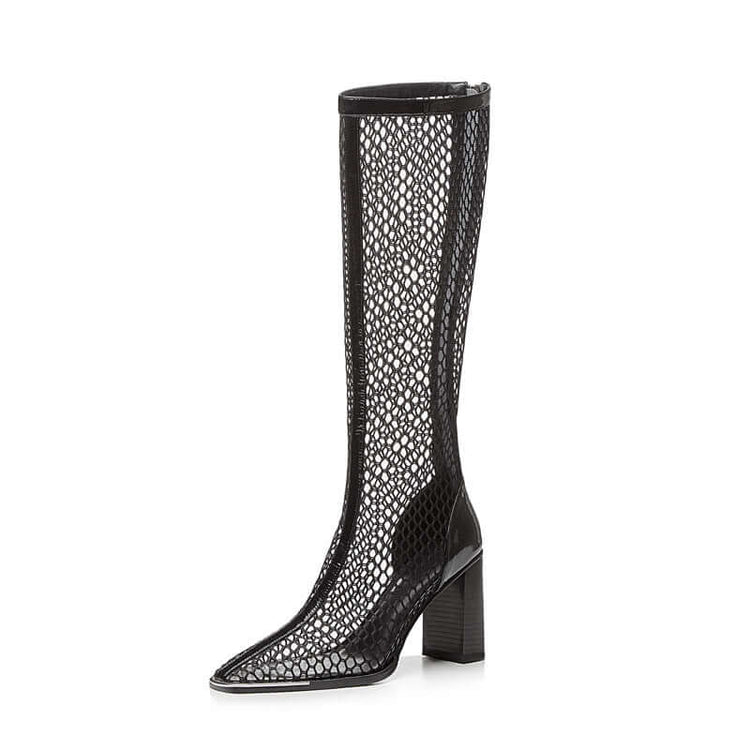 Chunky Heel Boots Mesh Back Zip Black BadAssWear.fi