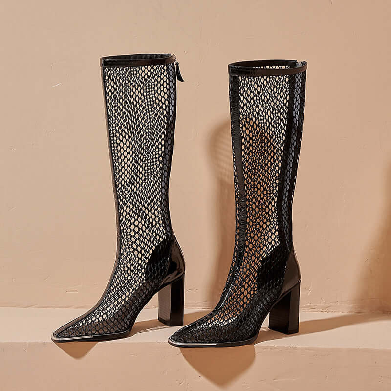 Chunky Heel Boots Mesh Back Zip Black BadAssWear.fi
