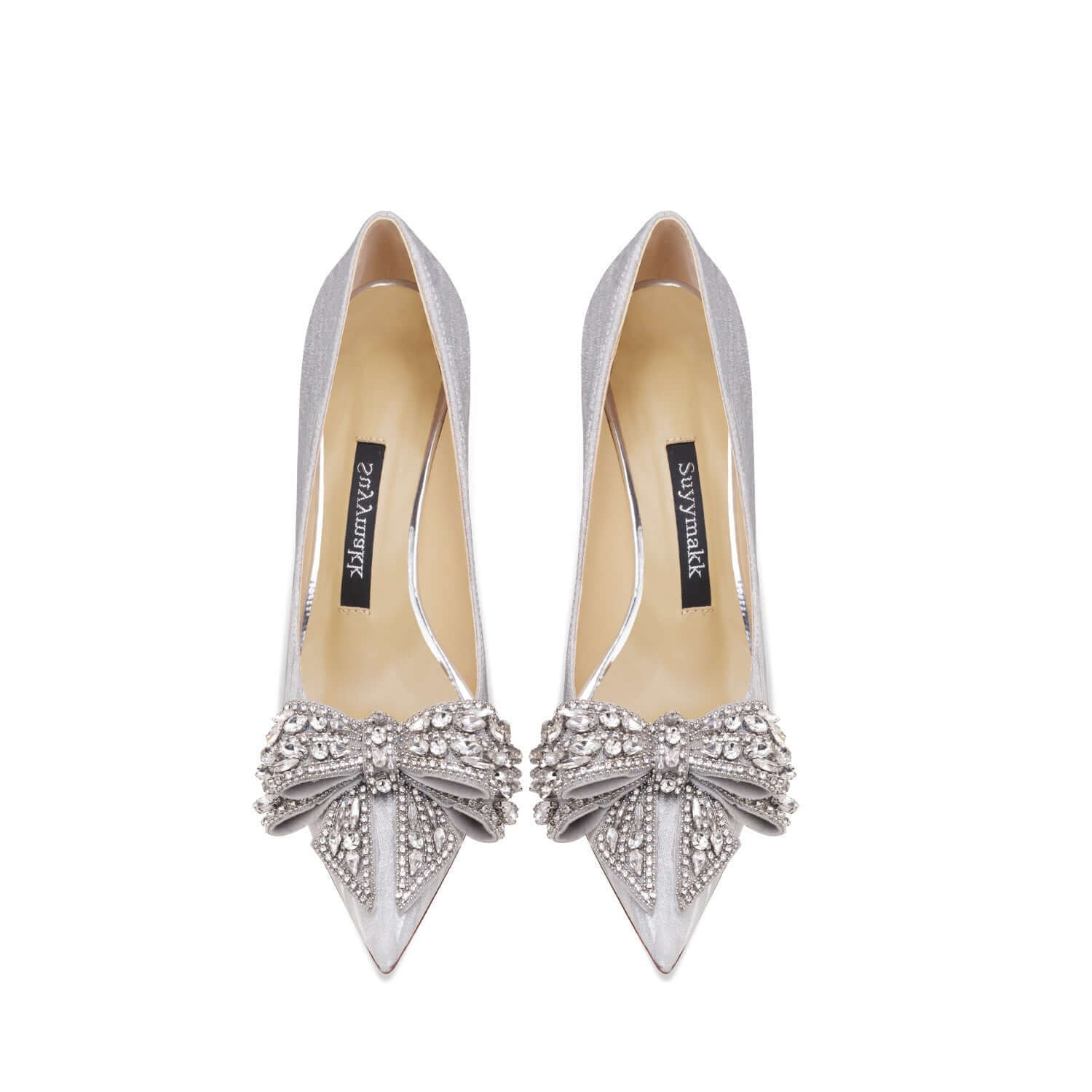Genuine Leather Rhinestone Silver Bow High Heels BadAssWear.fi