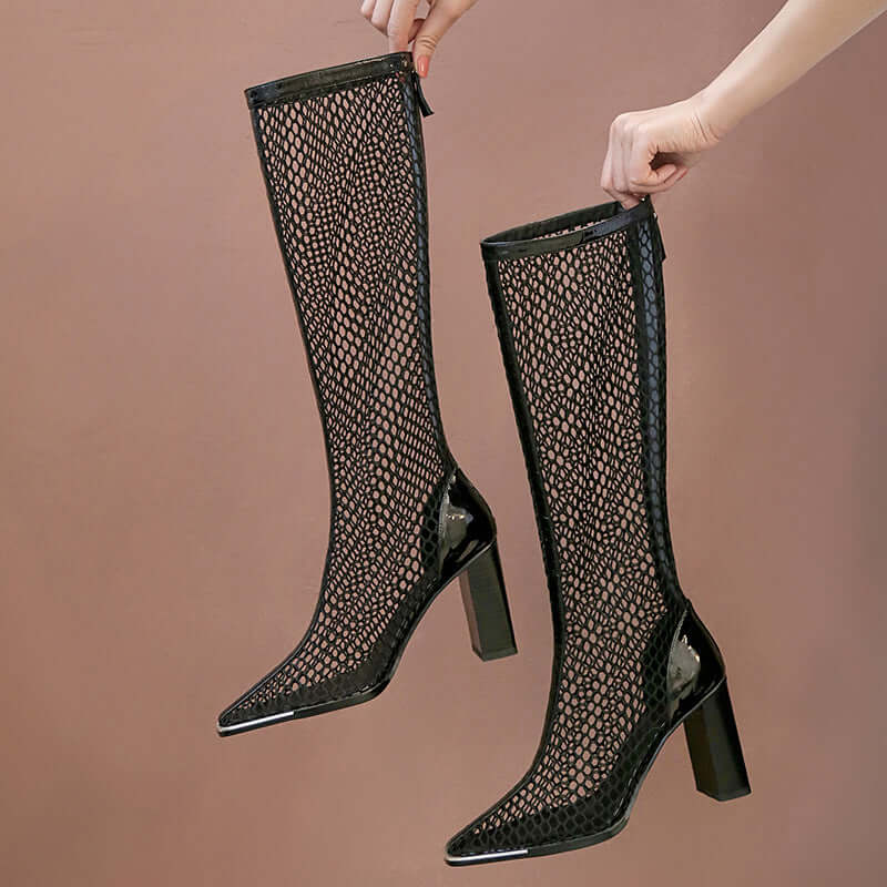 Chunky Heel Boots Mesh Back Zip Black BadAssWear.fi