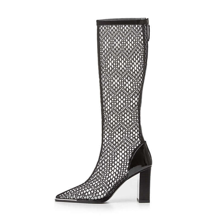 Chunky Heel Boots Mesh Back Zip Black BadAssWear.fi