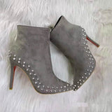 Suede Pointed Toe Gray Rivets Women's Boots Stiletto Heel Boots Side Zipper British Style Martin Boots BadAssWear.fi
