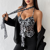 Womens Leopard-Print Printed Cami Top With Built-in Pads And Halter Neck Ties BadAssWear.fi
