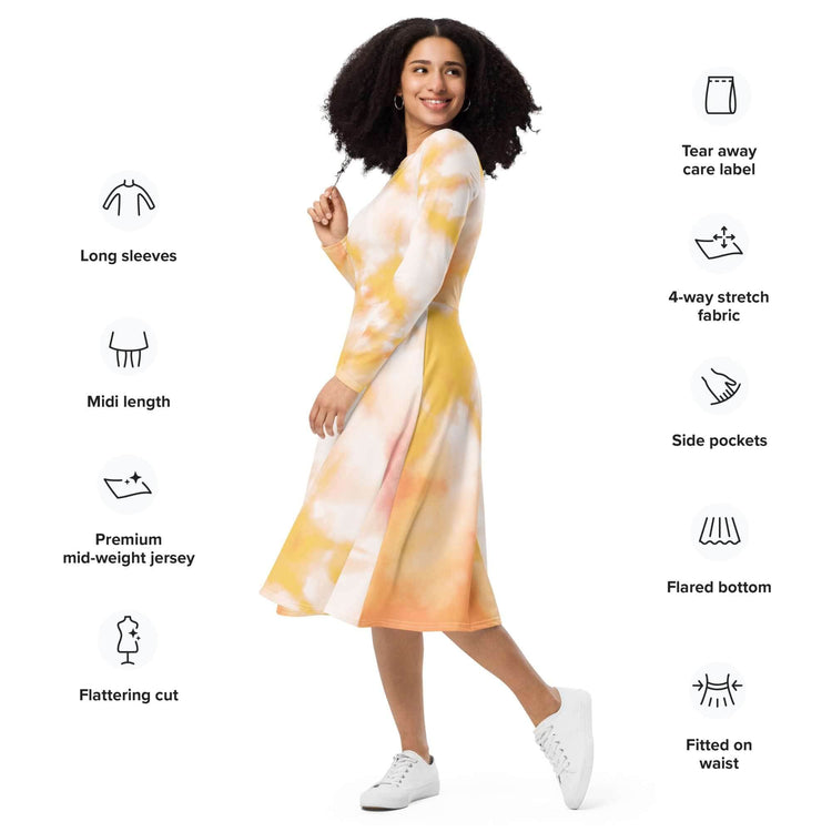 Model showcasing a charming tie-dye midi dress with long sleeves, side pockets, and a flattering cut.