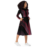 Futuristic midi dress with long sleeves in black and red, featuring a flattering cut and pockets for modern style.