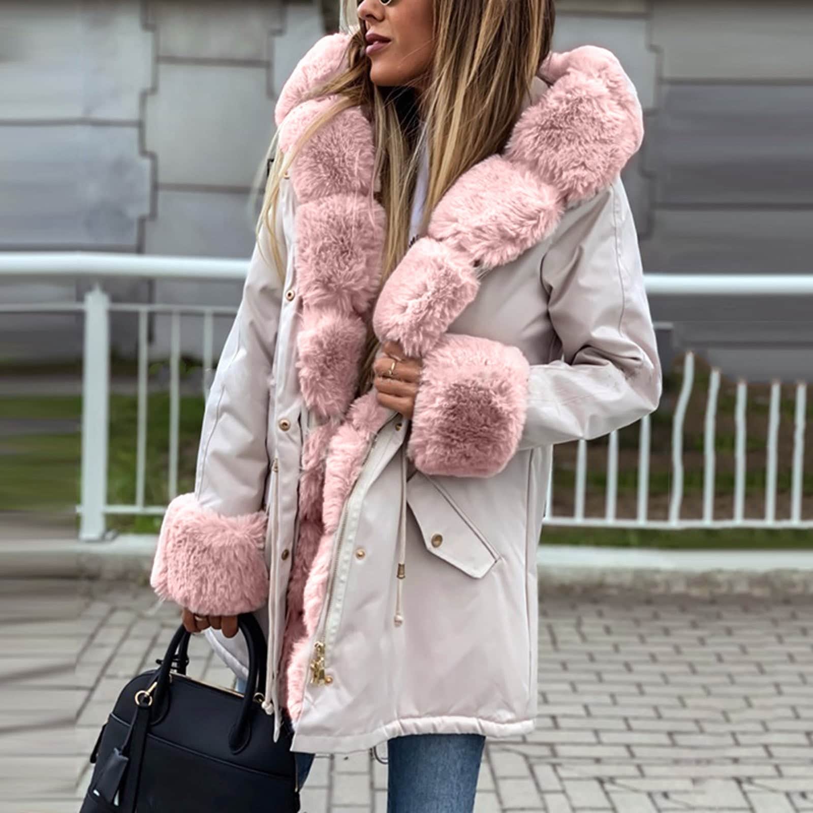 Women's Hooded Long-sleeve Warm Zippered Cotton Coat Solid Color Jacket With Removable Fur Collar BadAssWear.fi