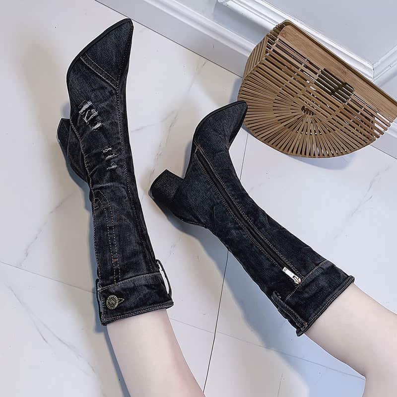 Pointed Toe Thick Heel Denim High Boots For Women BadAssWear.fi