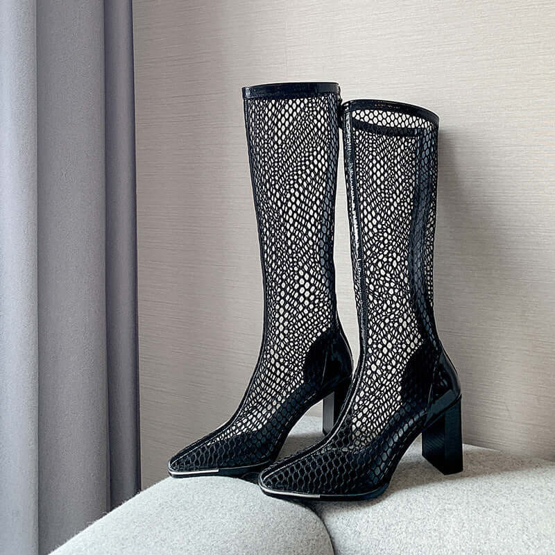 Chunky Heel Boots Mesh Back Zip Black BadAssWear.fi