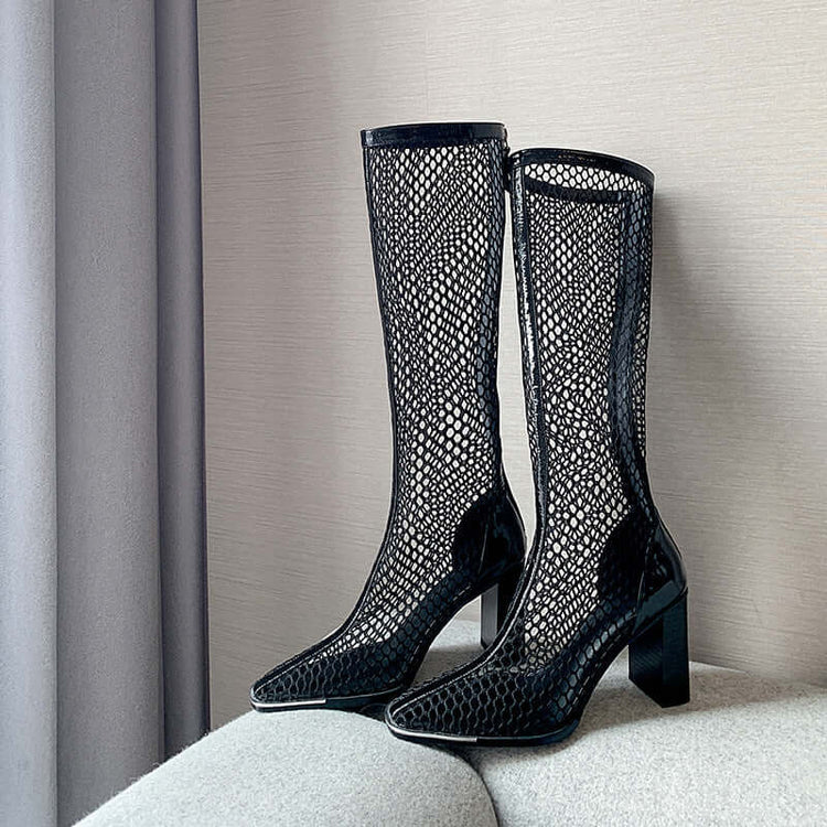 Chunky Heel Boots Mesh Back Zip Black BadAssWear.fi