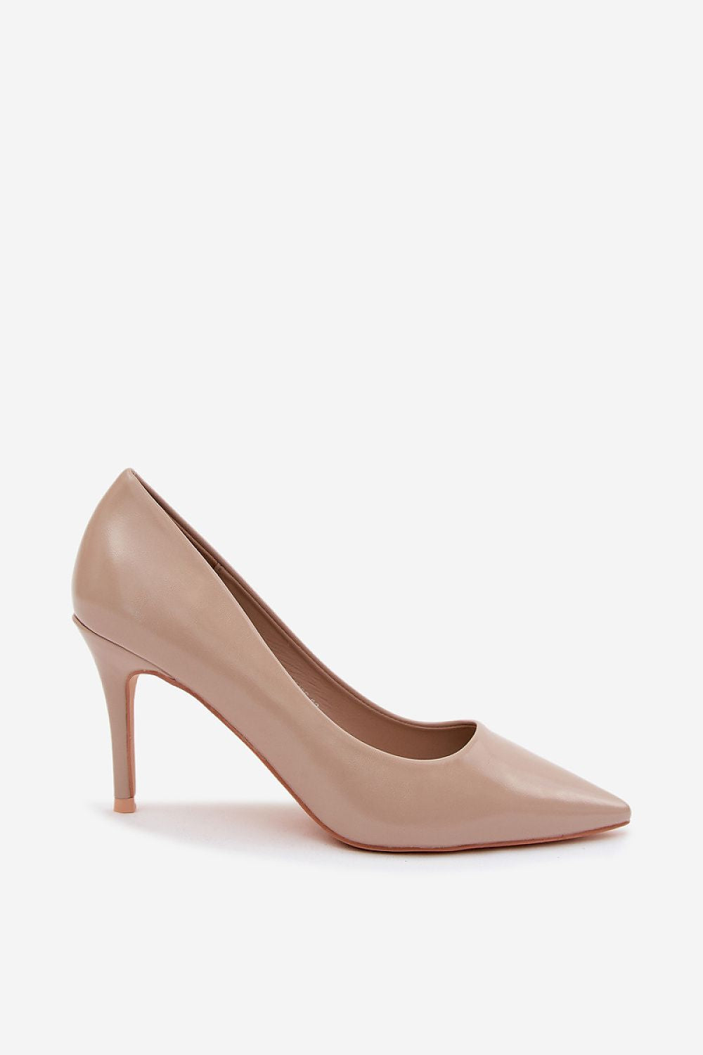 Beige patent heels, elegant pointed toe pumps with glossy eco-leather finish.