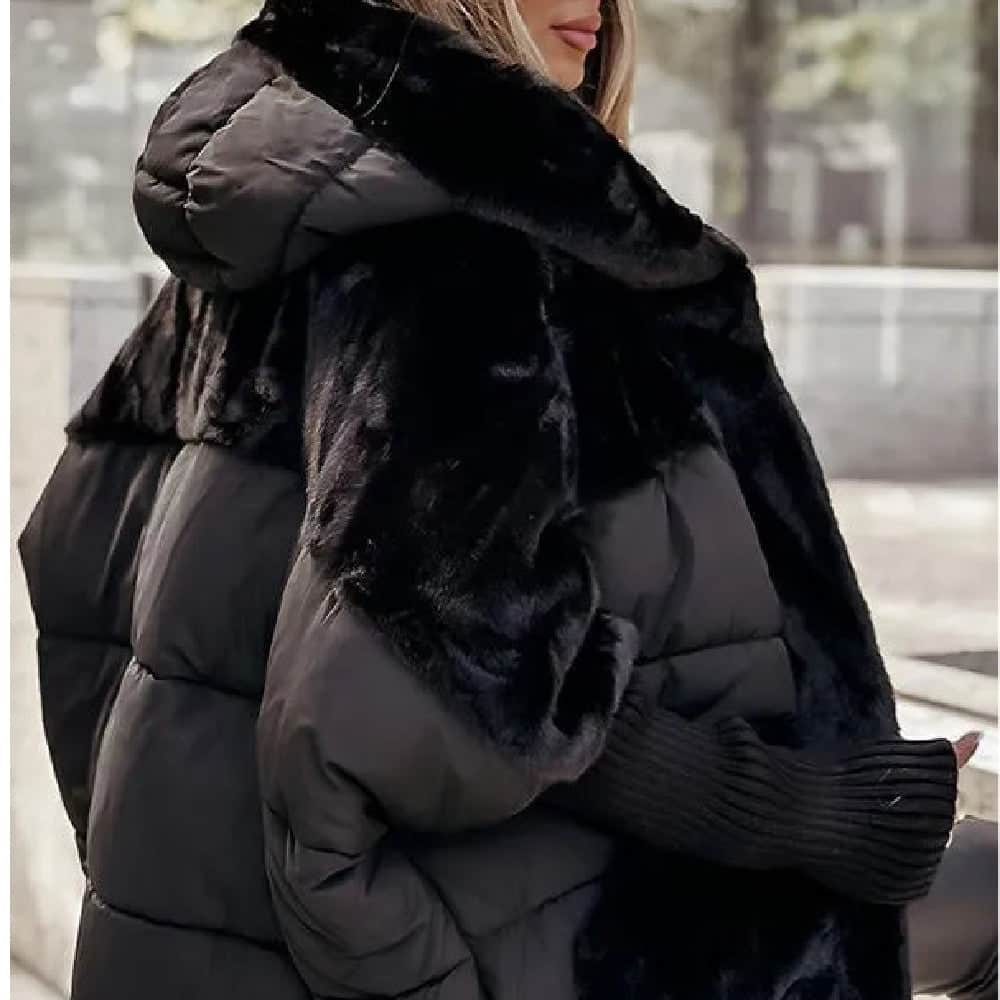 Women's Loose Cotton Coat Faux Fur Patchwork Winter Coat Comfort Chic Long Sleeve Hooded Jacket BadAssWear.fi