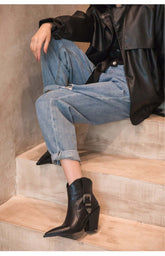 Thick Heel High-heeled Ankle Boots With Pointed Metal Belt Buckle BadAssWear.fi