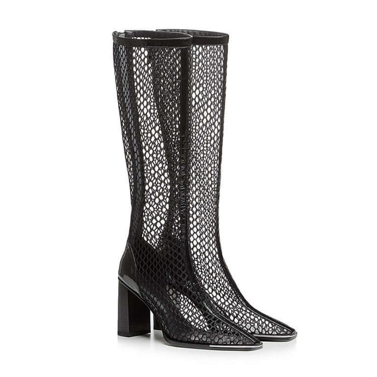 Chunky Heel Boots Mesh Back Zip Black BadAssWear.fi