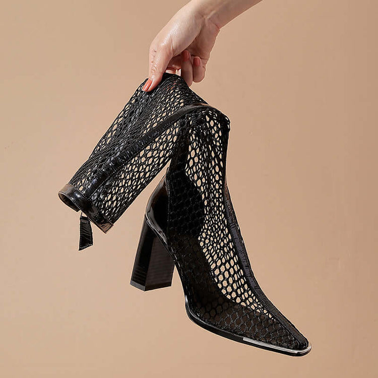 Chunky Heel Boots Mesh Back Zip Black BadAssWear.fi
