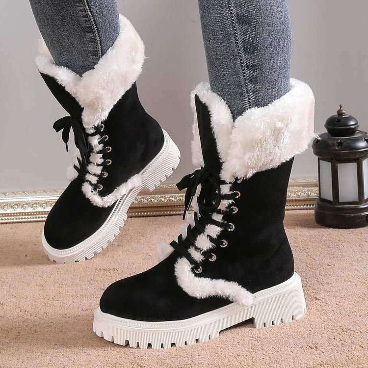 Winter Lace-up Snow Boots For Women Mid-tube Fleece Shoes Warm Chunky Heels Plush Boot null